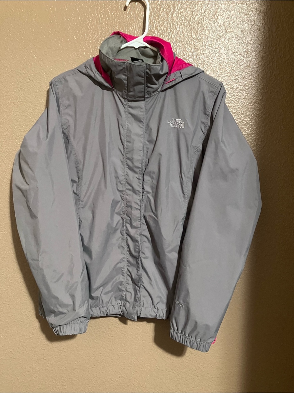 The North Face Women's Light Gray Rain Jacket with Pink Hood Lining